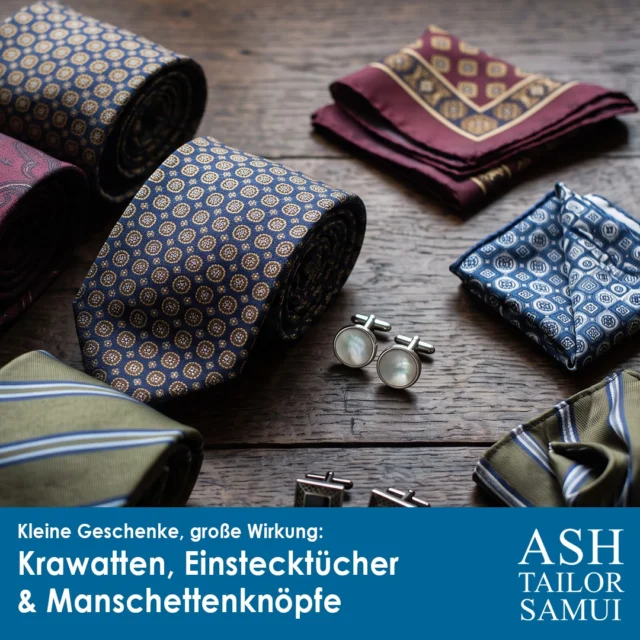 Nicht jedes Geschenk muss ein ganzer Anzug sein. 🎁

Krawatten, Einstecktücher und Manschettenknöpfe sind die kleinen Details, die er sich selbst nicht kaufen würde, aber gerne trägt, sobald er sie besitzt. Kein Größenrisiko, und sie gehören zu den Stücken, die wir am schnellsten fertigen. Ideal für alle, die später einkaufen als geplant.

✔ Klassische Seide oder strukturierte Webarten
✔ Einstecktücher aus Leinen, Baumwolle oder Seide
✔ Manschettenknöpfe mit persönlicher Note
✔ Oder ein aufeinander abgestimmtes Geschenkset

In unserem neuesten Beitrag zeigen wir, worauf es bei der Auswahl ankommt. Link in der Bio. 👆

📍 Bophut, Koh Samui

#AshTailorSamui #KohSamui #Weihnachtsgeschenke #GeschenkeFürIhn #Herrenmode #Manschettenknöpfe #Einstecktuch #Seidenkrawatte #Herrenaccessoires #ThailandSchneider #KohSamuiThailand